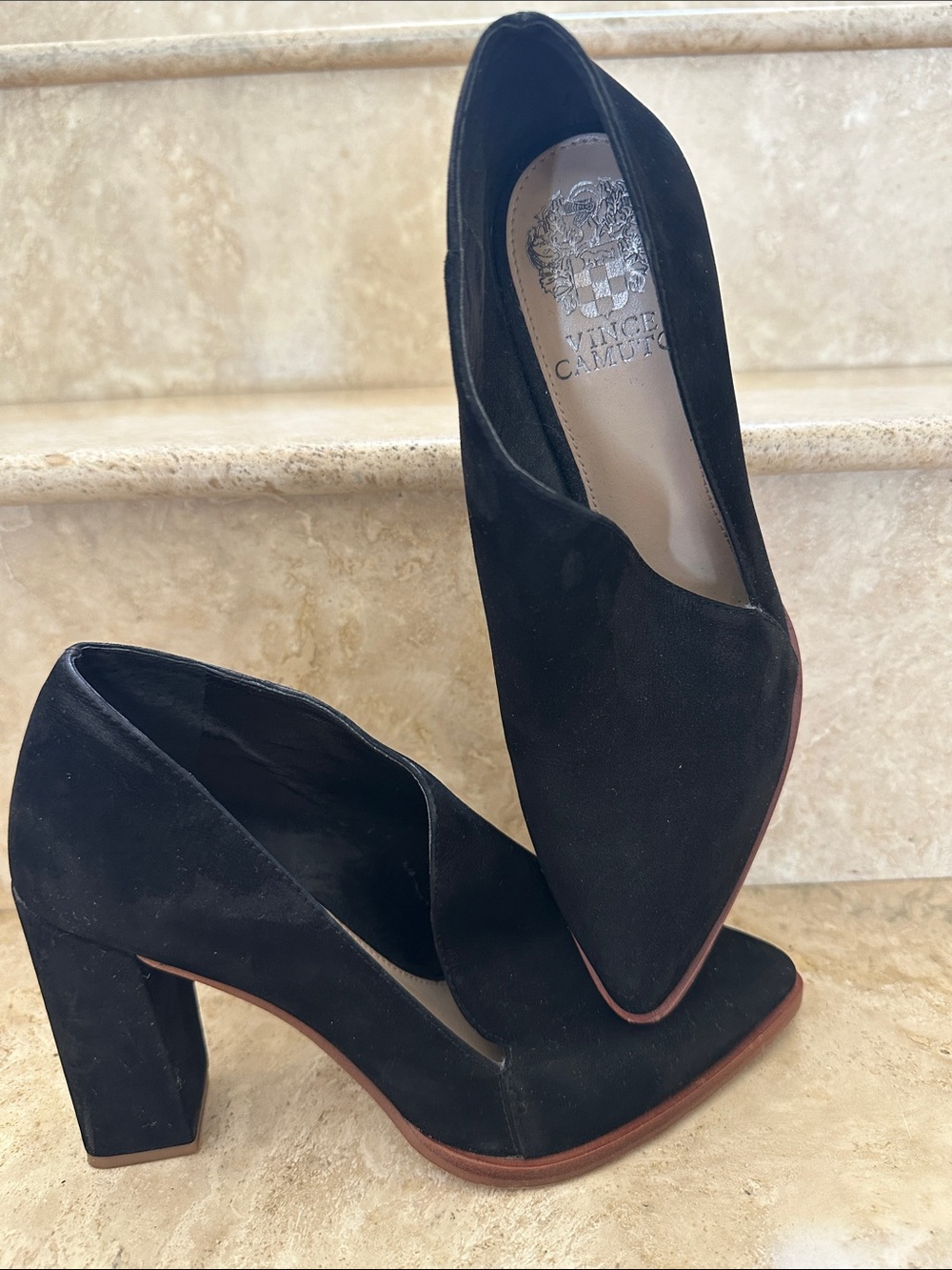 Vince Camuto Loretan Black Suede Asymmetrical Booties Heel Pumps Size - 7M